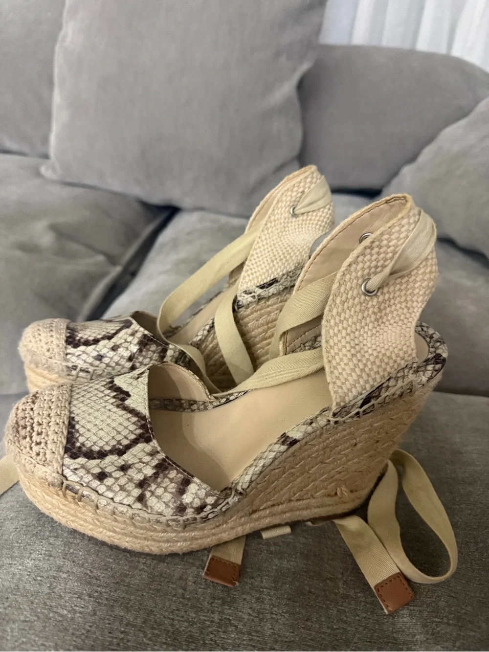 Vince Camuto Beige Snake-Print Espadrille Wedge Sandals
